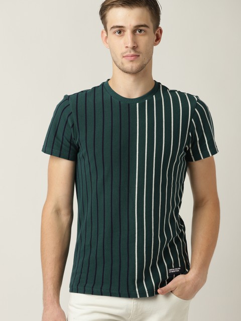 

United Colors of Benetton Men Green & Off-White Striped Round Neck T-shirt