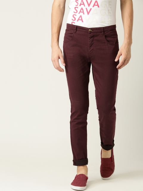 United Colors of Benetton Men Burgundy Tapered Fit Solid Regular Trousers