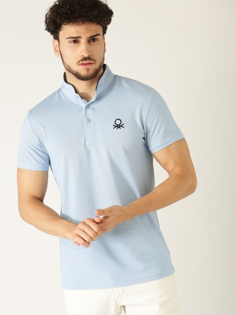 United Colors of Benetton Men Blue Solid Stand Collar T-shirt