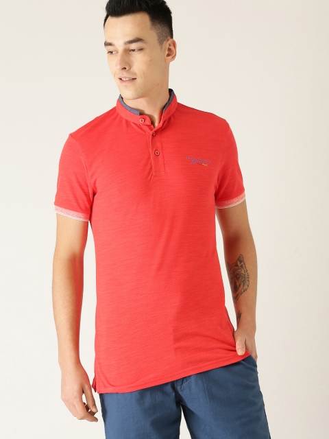 

United Colors of Benetton Men Coral Red Solid Stand Collar T-shirt