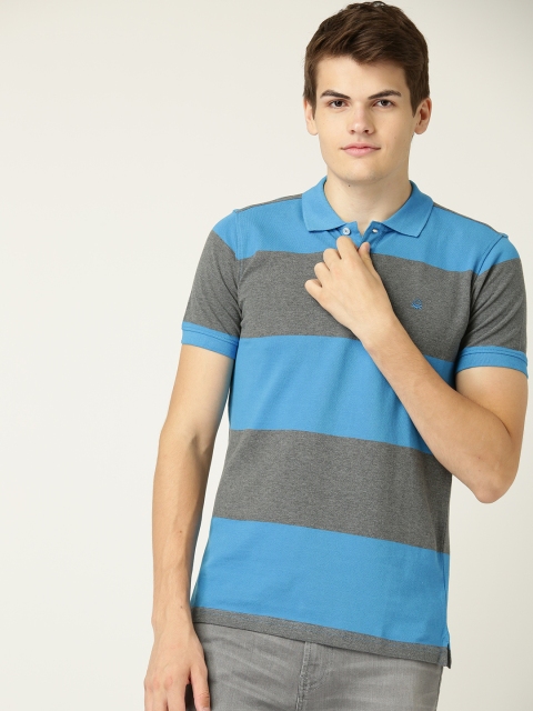 

United Colors of Benetton Men Blue & Grey Striped Polo Collar T-shirt