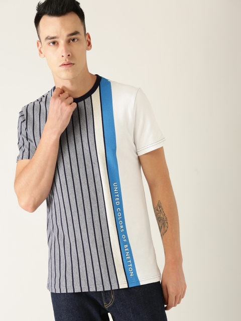 

United Colors of Benetton Men Blue & White Striped Round Neck T-shirt