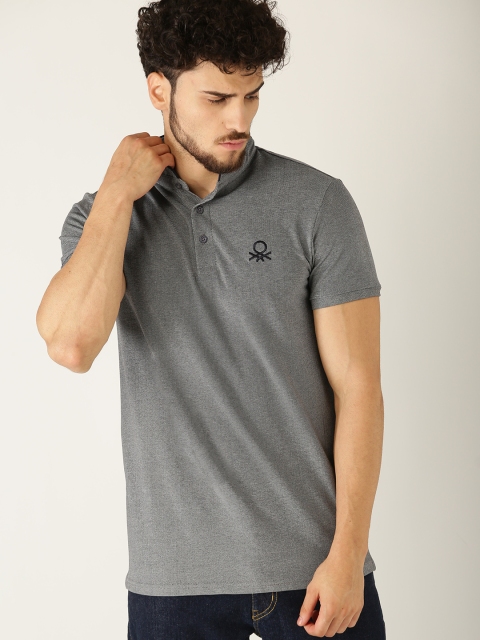 

United Colors of Benetton Men Grey Solid Stand Collar T-shirt