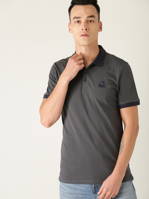 

United Colors of Benetton Men Charcoal Grey Solid Polo Collar T-shirt