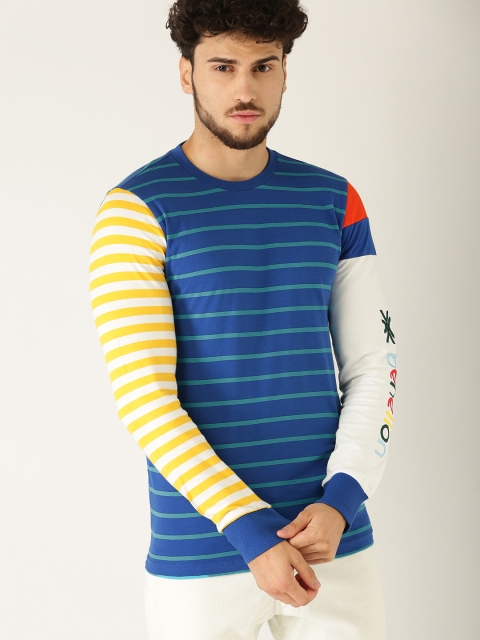 

United Colors of Benetton Men Blue Striped Round Neck T-shirt