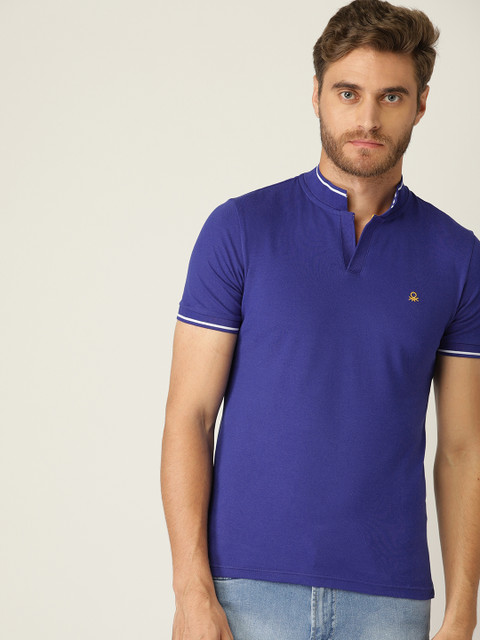 

United Colors of Benetton Men Blue Solid Stand Collar T-shirt