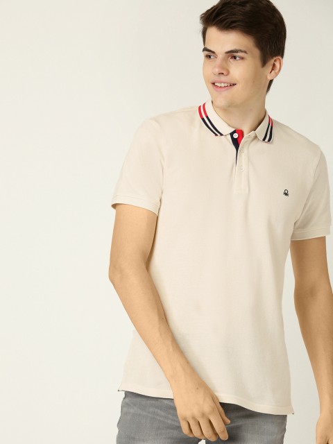 

United Colors of Benetton Men Off-White Solid Polo Collar T-shirt