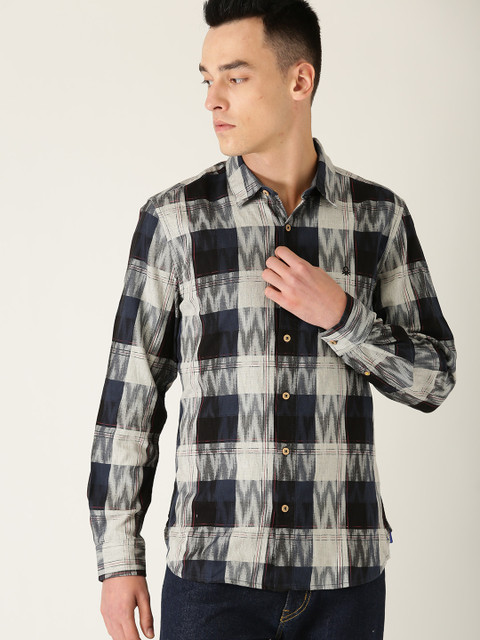 

United Colors of Benetton Men Navy Blue & Grey Slim Fit Checked Casual Shirt