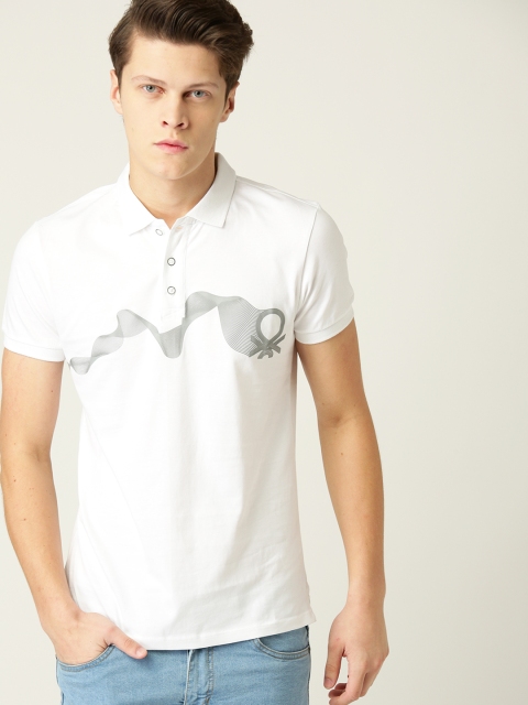

United Colors of Benetton Men White Printed Detail Polo Collar T-shirt