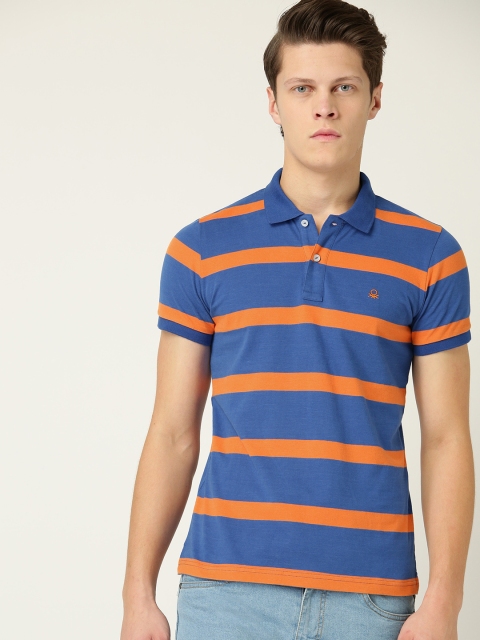 

United Colors of Benetton Men Blue & Orange Striped Polo Collar T-shirt
