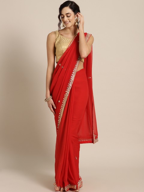 

Mitera Red Gota Patti Hand Embroidered Pure Georgette Sustainable Saree