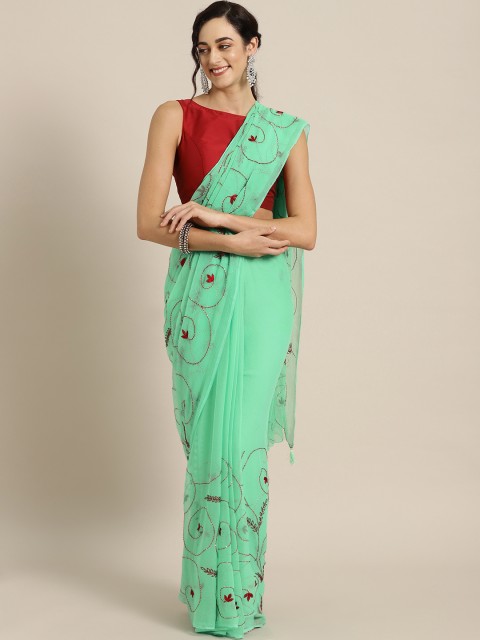 

Mitera Green Hand Embroidered Pure Chiffon Sustainable Saree