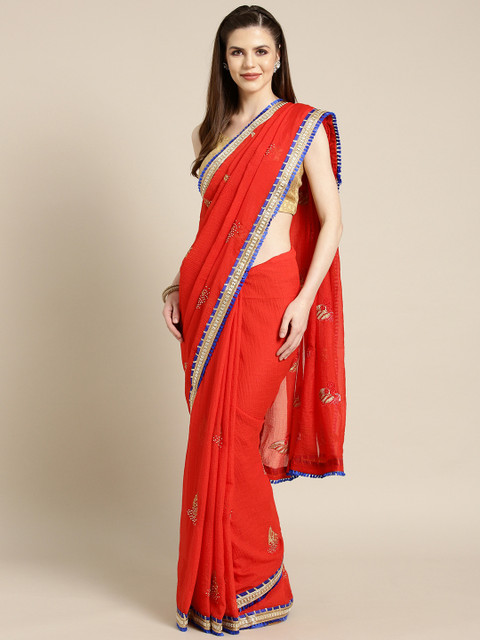 

Geroo Jaipur Coral Red Hand Embellished Crepe Saree