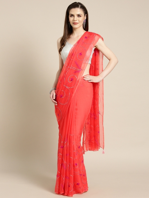 

Mitera Coral Orange Hand Embroidered Pure Chiffon Sustainable Saree