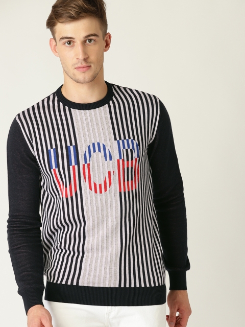 

United Colors of Benetton Men Navy Blue & Off-White Striped Sweater