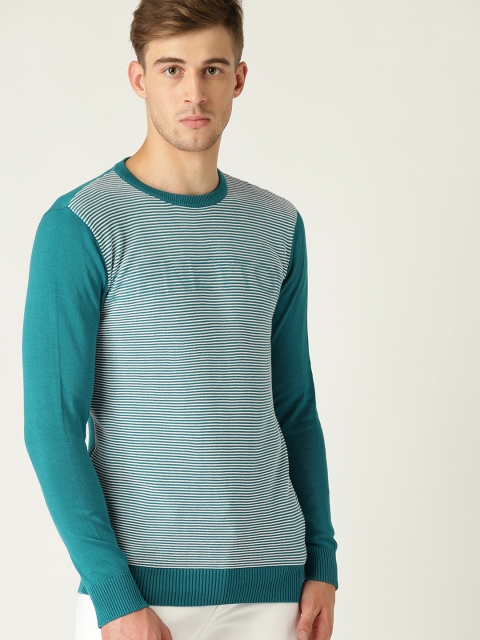 

United Colors of Benetton Men Teal Blue & Off-White Striped Sweater