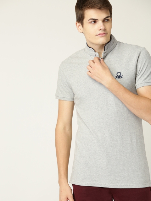

United Colors of Benetton Men Grey Melange Solid Stand Collar T-shirt
