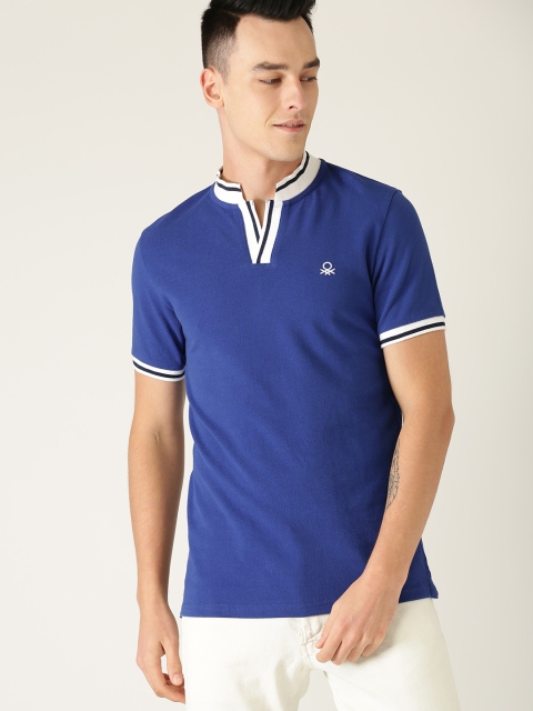 

United Colors of Benetton Men Blue Solid Stand Collar T-shirt
