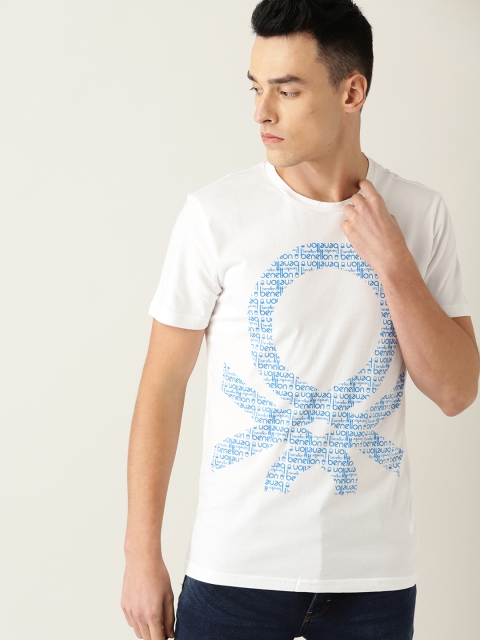 

United Colors of Benetton Men White & Blue Printed Round Neck T-shirt