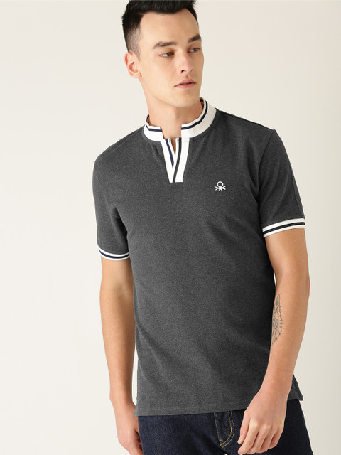 

United Colors of Benetton Men Charcoal Grey Solid Mandarin Collar T-shirt