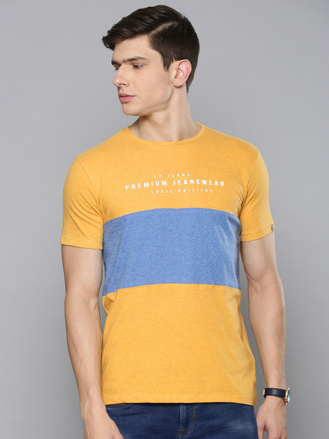

Louis Philippe Jeans Men Yellow & Blue Slim Fit Colourblocked Round Neck T-shirt