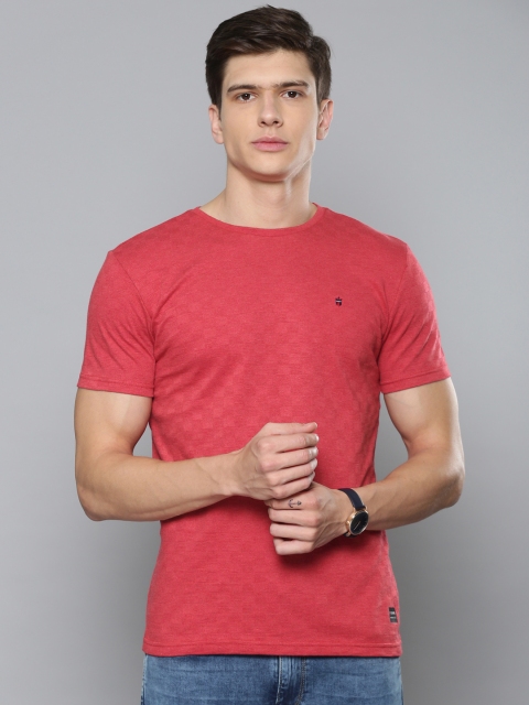 

Louis Philippe Jeans Men Rust Red Self Design Slim Fit Round Neck T-shirt