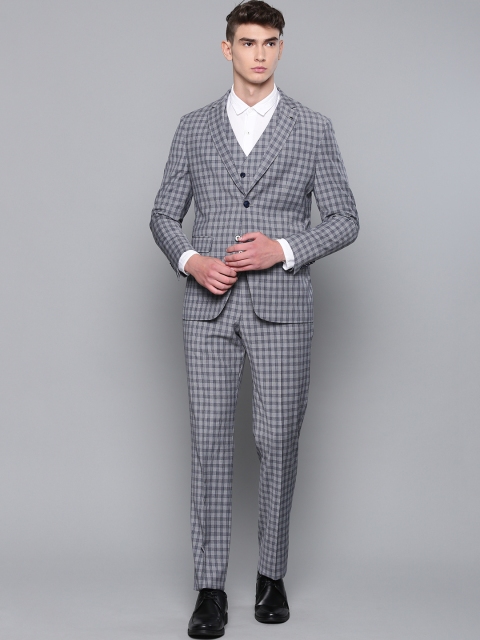 

Louis Philippe Men Grey & Blue Checked Slim Fit Single-Breasted Three-Piece Suit