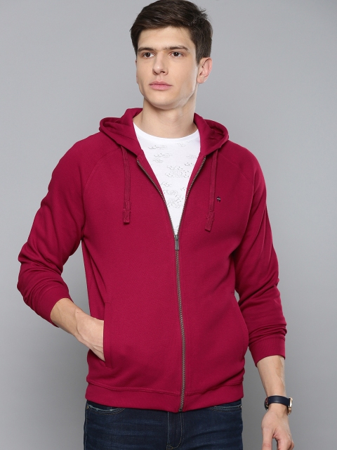 

Louis Philippe Jeans Men Maroon Solid Hooded Front-Open Sweatshirt