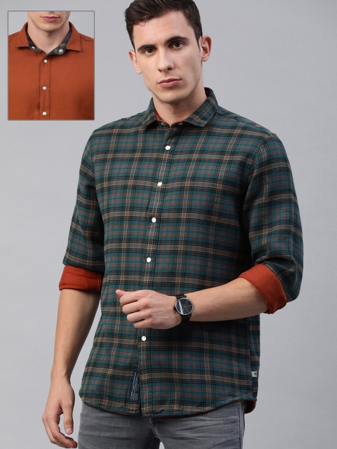 

Louis Philippe Jeans Men Teal Green & Rust Brown Slim Fit Checked Casual Reversible Shirt