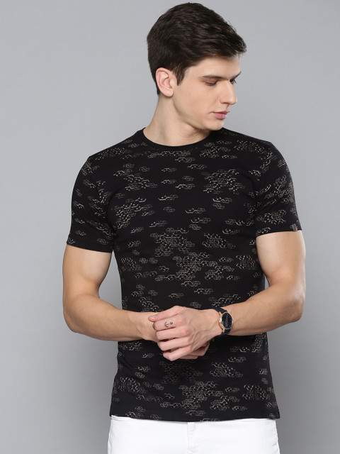 

Louis Philippe Jeans Men Black Beige Slim Fit Printed Round Neck Pure Cotton T-shirt