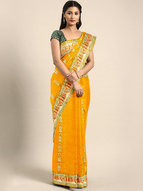 

Mitera Mustard Yellow & Golden Pure Silk Hand Woven Baluchari Saree