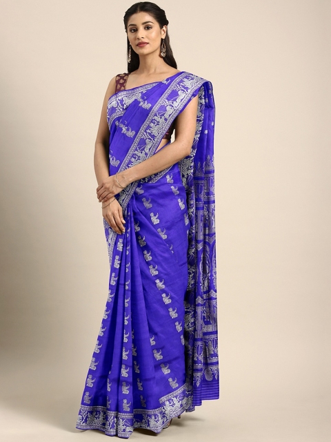 

Mitera Women Blue & Grey Pure Silk Woven Design Baluchari Saree