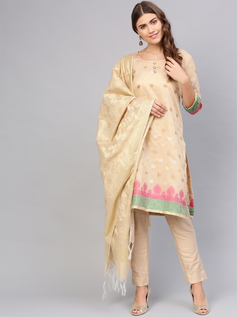 

Chhabra 555 Women Beige & Golden Made To Measure Self-Design Kurta Set With Dupatta