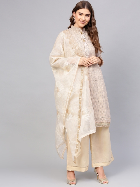 

Chhabra 555 Women Beige Made To Measure Self-Design Kurta Set With Embroidered Dupatta