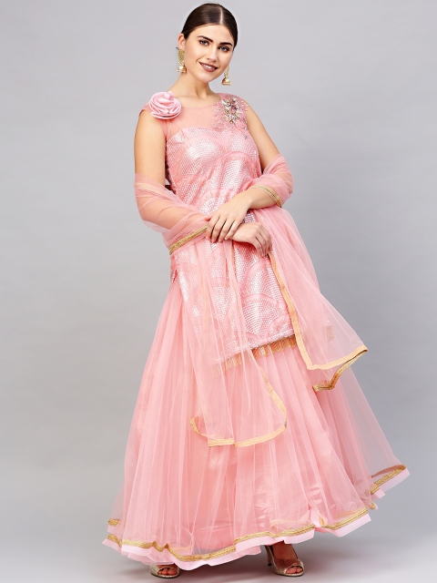 

Chhabra 555 Pink Sequinned & Zircon Embellishments Made-to-Measure Lehenga Set