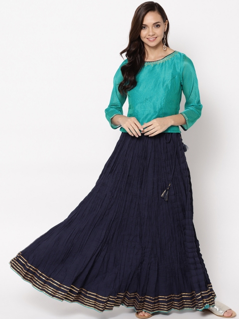 

Fabindia Sea Green & Navy Ready to Wear Lehenga with Blouse