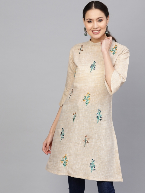 

Indo Era Women Beige & Green Embroidered A-Line Kurta