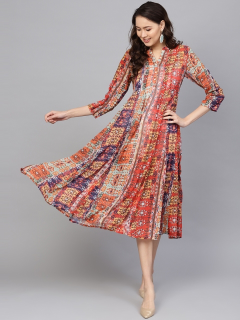 

Indo Era Women Orange & Green Printed A-Line Dress
