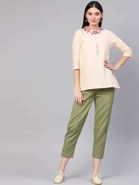 

Indo Era Women Beige & Green Solid Kurti with Trousers