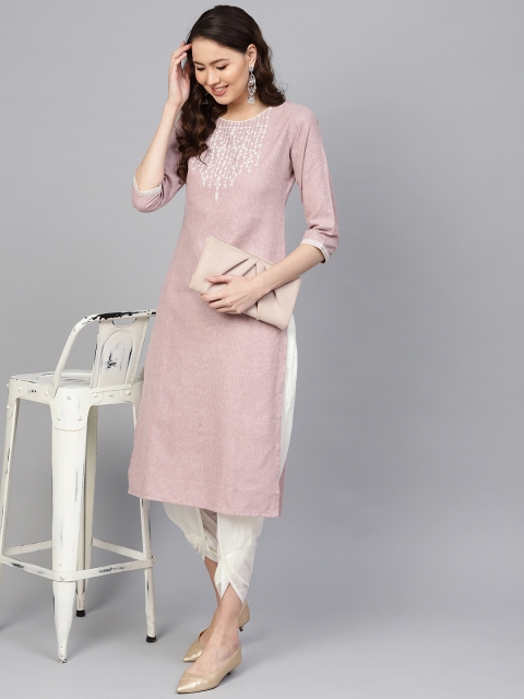 

Indo Era Women Mauve & Off-White Yoke Design Straight Kurta
