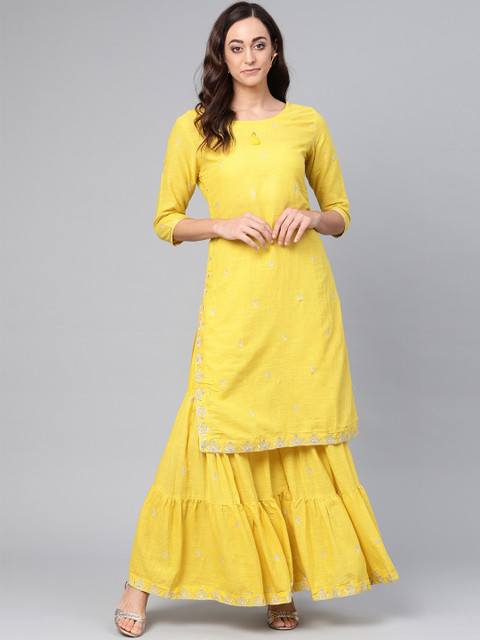

Ishin Women Yellow & Golden Embroidered Kurta with Sharara