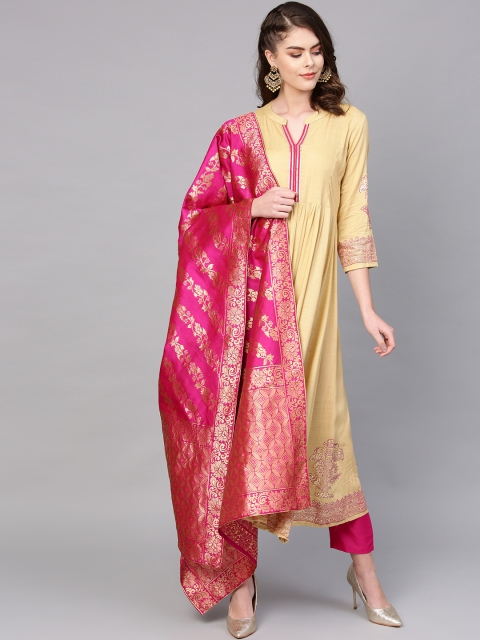 

PINKSKY Women Beige & Pink Solid Kurta with Trousers & Dupatta