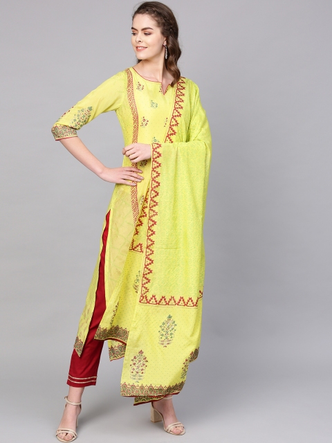 

PINKSKY Women Lime Green & Maroon Foil Printed Silk Kurta with Trousers & Dupatta