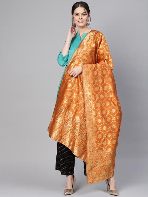 

PINKSKY Rust Orange & Golden Woven Design Brocade Dupatta
