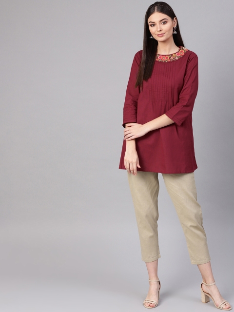 

Indo Era Women Maroon & Beige Solid Kurti with Trousers