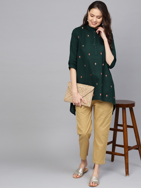

Indo Era Women Green & Beige Embroidered Kurti with Trousers