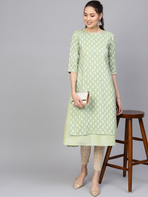 

Indo Era Women Sea Green Floral Woven Design Layered A-Line Kurta
