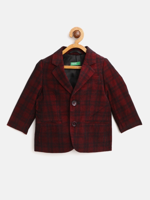 

United Colors of Benetton Boys Maroon & Black Checked Single-Breasted Casual Pure Cotton Blazer