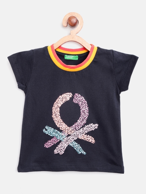 

United Colors of Benetton Girls Navy Blue Printed Round Neck T-shirt