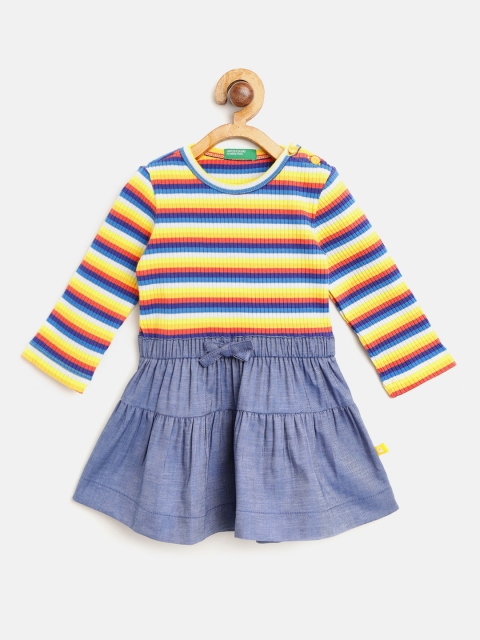 United Colors of Benetton Girls Blue & Yellow Striped Chambray Fit and Flare Dress